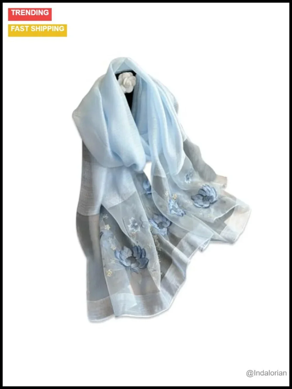 Chiffon Silk Scarf with Rose Embroidery, Floral Tulle Shawl Wrap